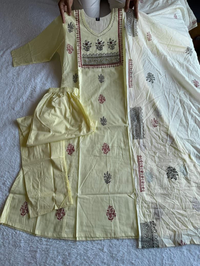 Light Yellow Cotton Aline Handwprk Suit Set