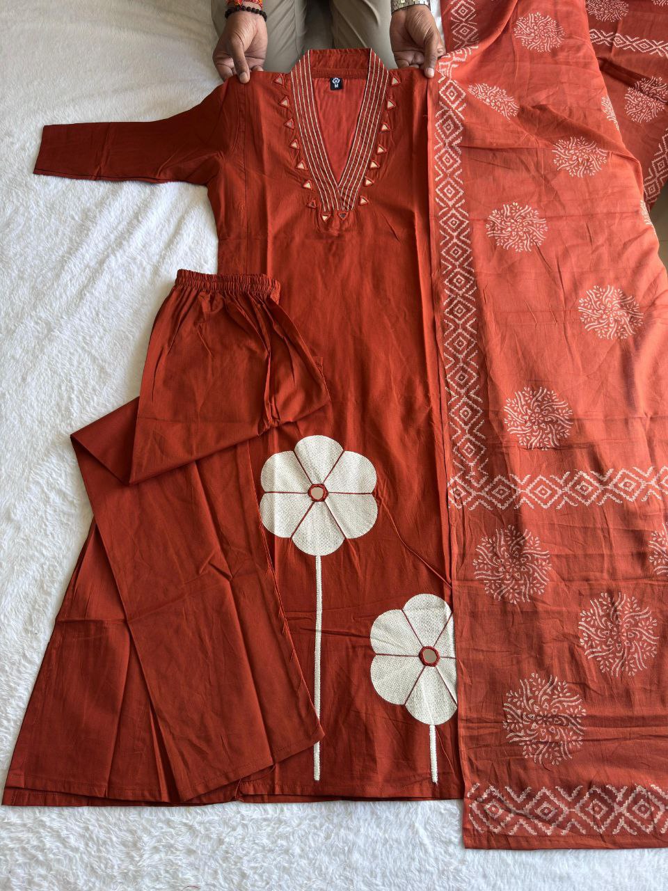 Trendy CottonAline Mirror Work Suit Set