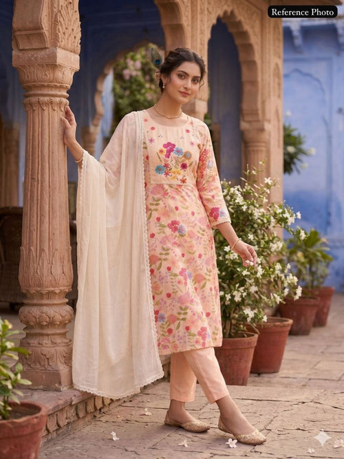 Beige Linen Cotton Handwork Suit
