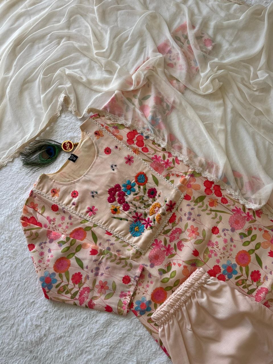 Beige Linen Cotton Handwork Suit