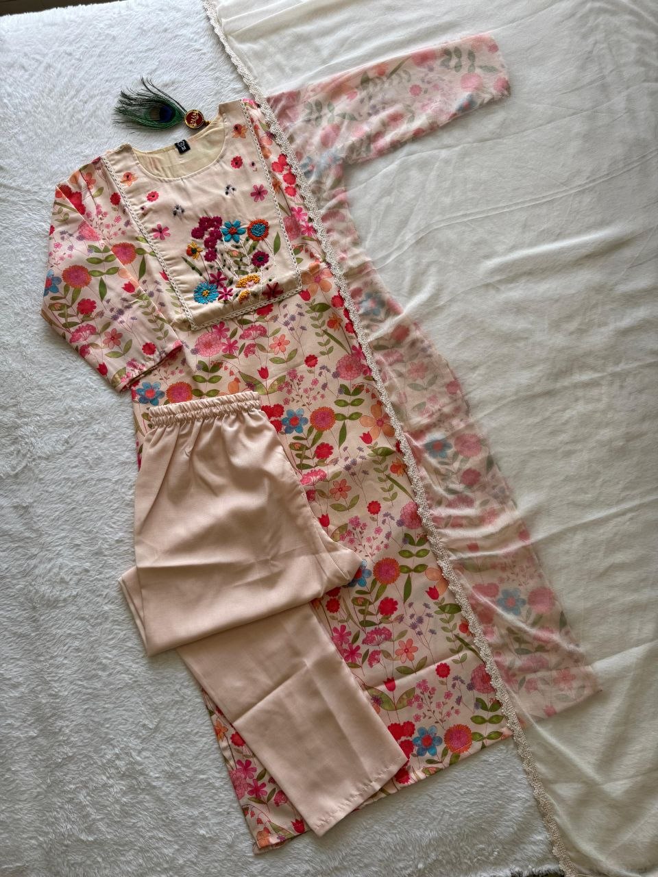 Beige Linen Cotton Handwork Suit