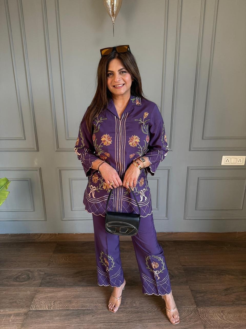Designer Roman Silk Embroidery Work Co-ord Set