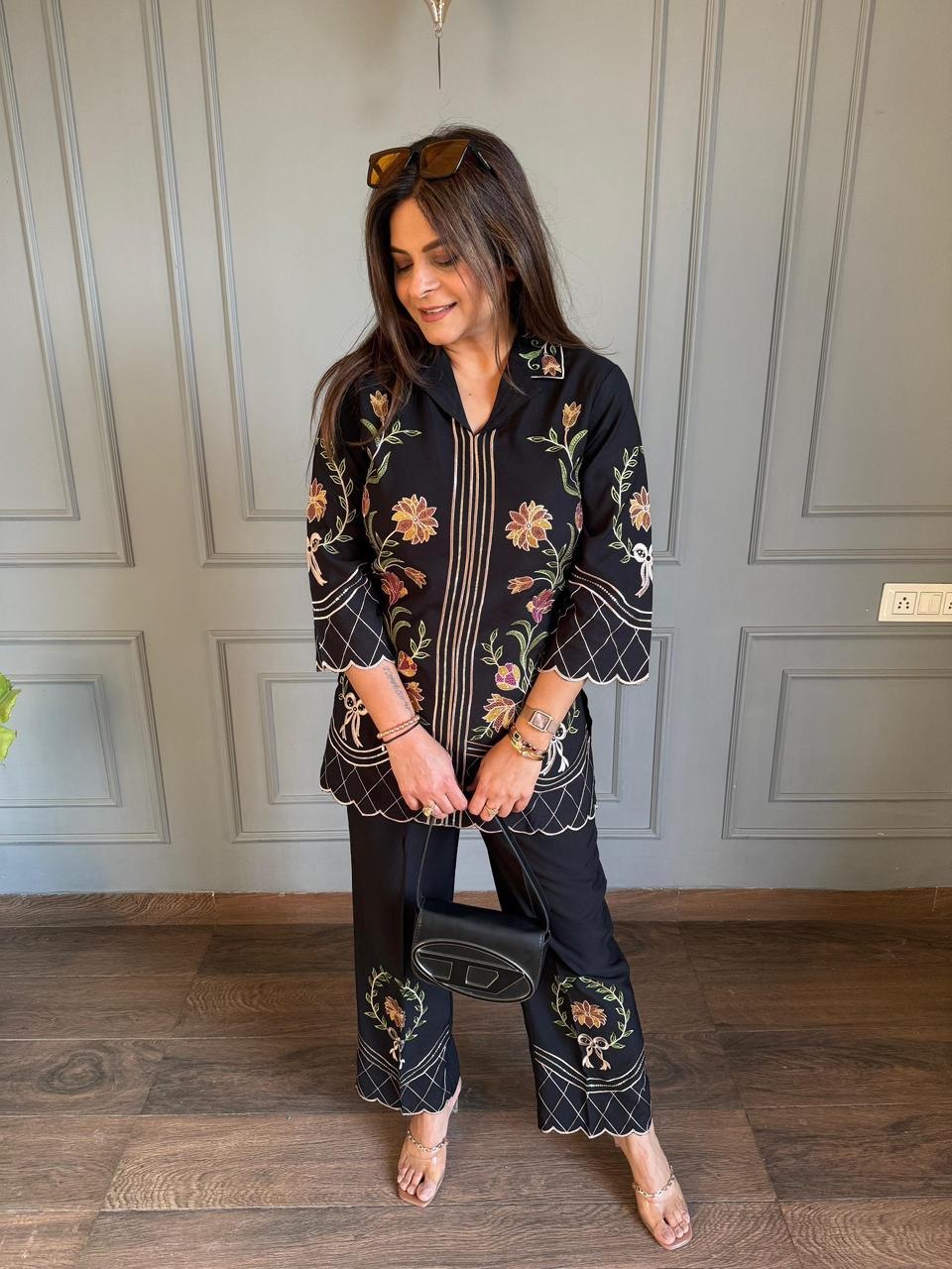 Designer Roman Silk Embroidery Work Co-ord Set