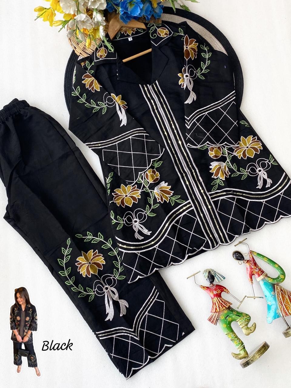 Designer Roman Silk Embroidery Work Co-ord Set