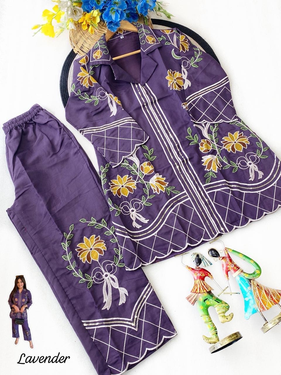 Designer Roman Silk Embroidery Work Co-ord Set