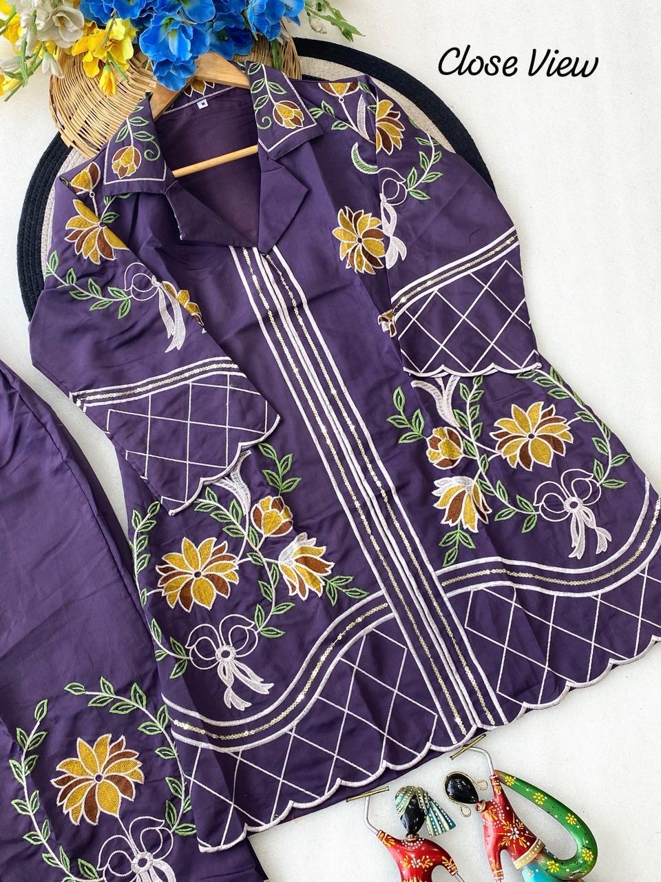 Designer Roman Silk Embroidery Work Co-ord Set