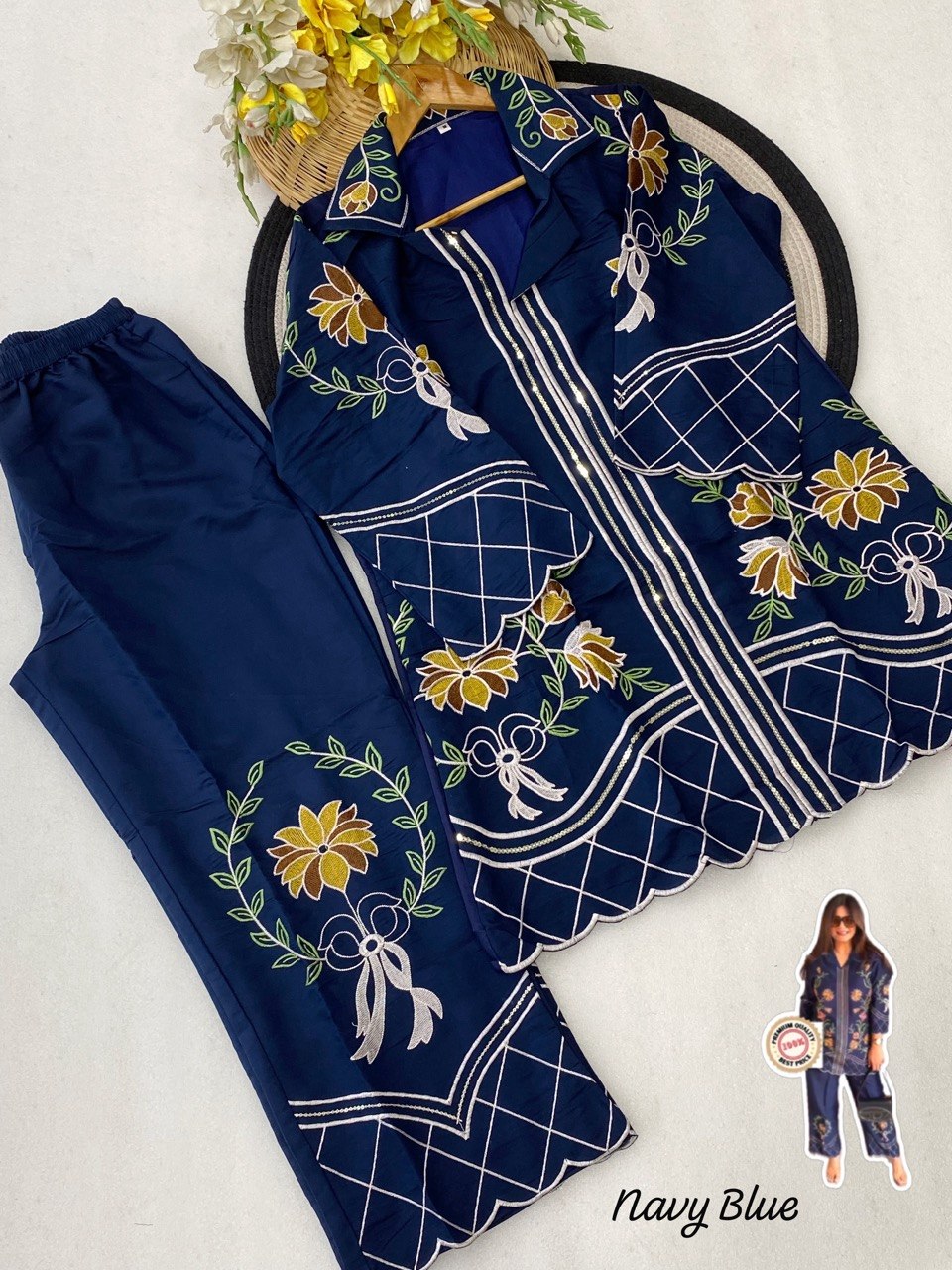 Designer Roman Silk Embroidery Work Co-ord Set