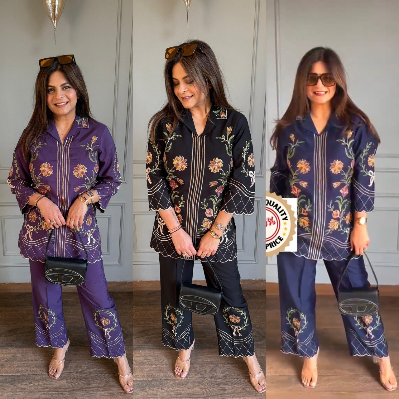 Designer Roman Silk Embroidery Work Co-ord Set