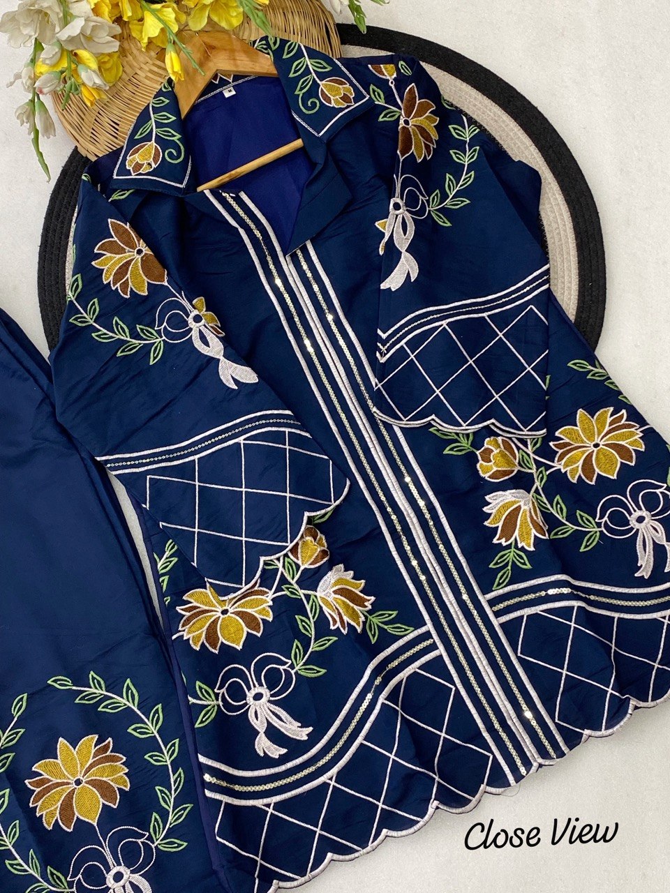 Designer Roman Silk Embroidery Work Co-ord Set