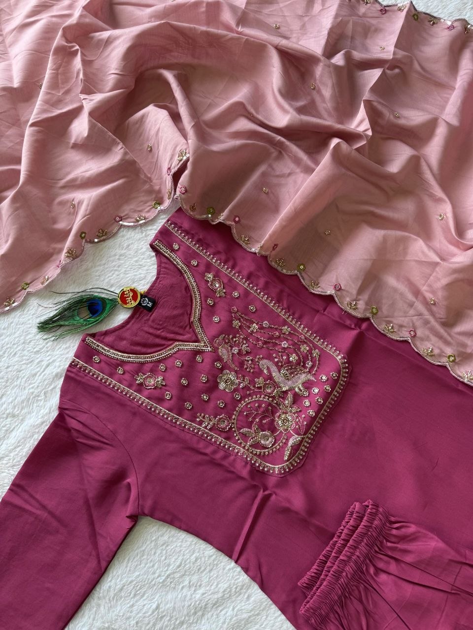 Rouge Pink Roman Silk Handwork Suit