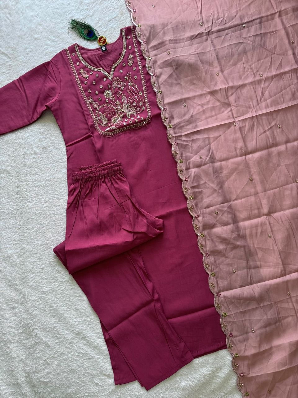 Rouge Pink Roman Silk Handwork Suit