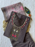 Grey Mul Chanderi Handwork Straight Suit Set