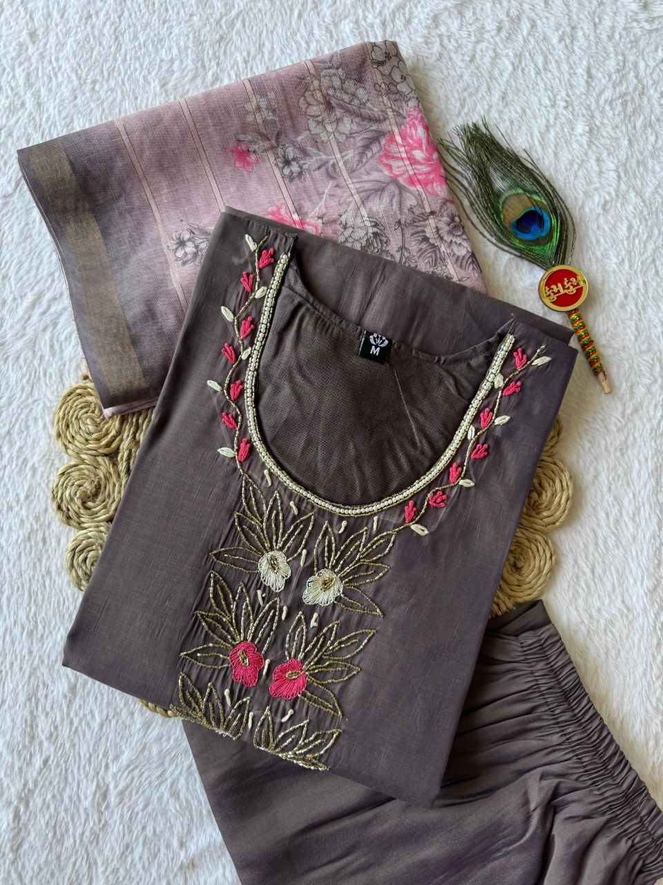 Grey Mul Chanderi Handwork Straight Suit Set