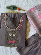 Grey Mul Chanderi Handwork Straight Suit Set