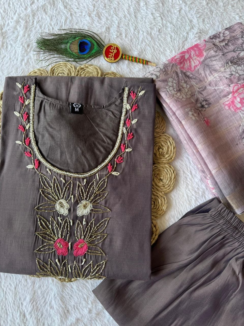 Grey Mul Chanderi Handwork Straight Suit Set