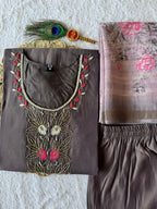Grey Mul Chanderi Handwork Straight Suit Set