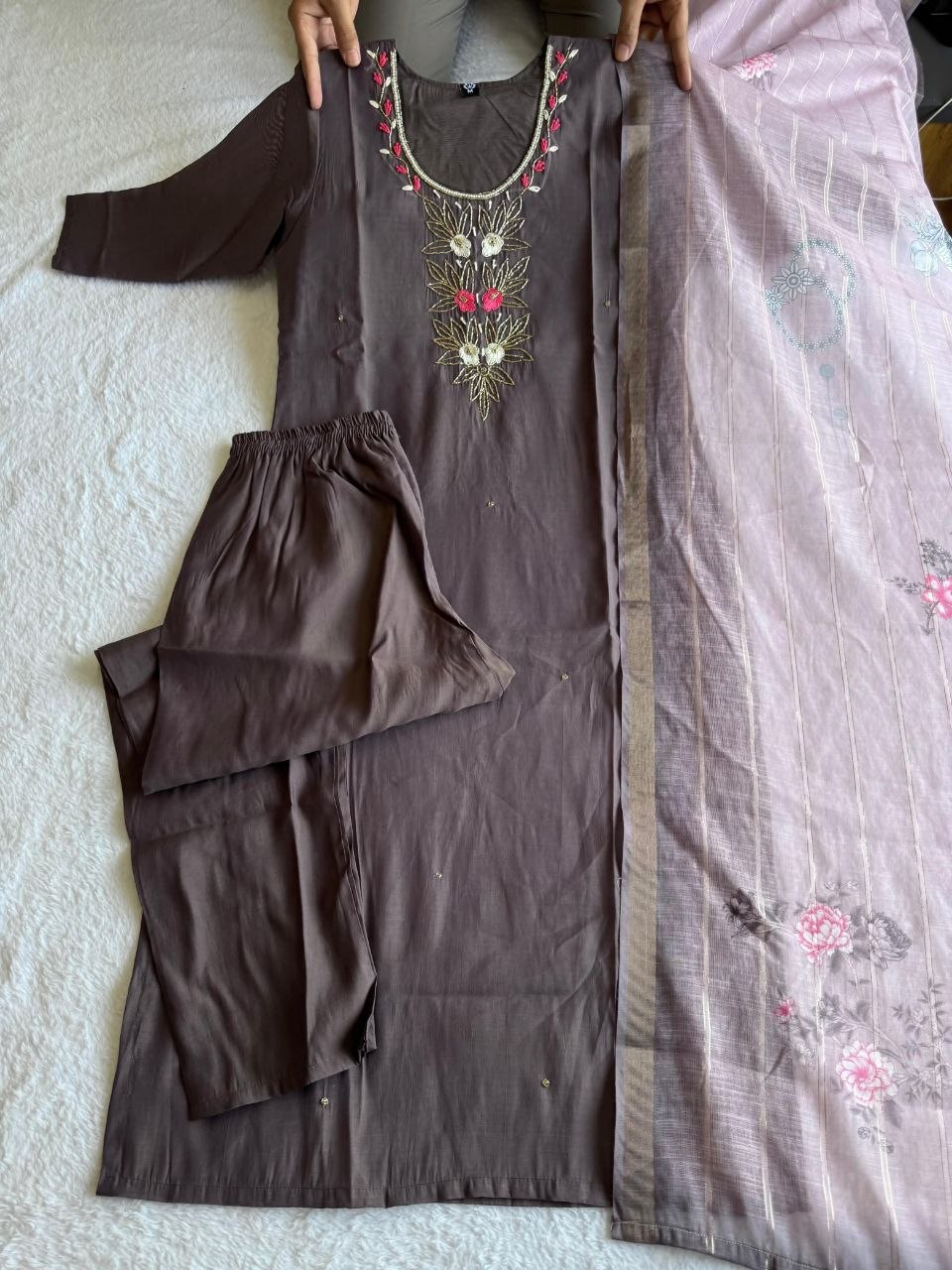 Grey Mul Chanderi Handwork Straight Suit Set