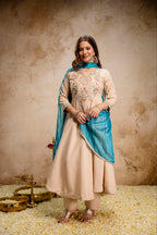 Beige Chanderi Silk Aline Embriodery Suit Set
