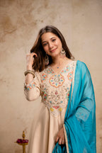 Beige Chanderi Silk Aline Embriodery Suit Set