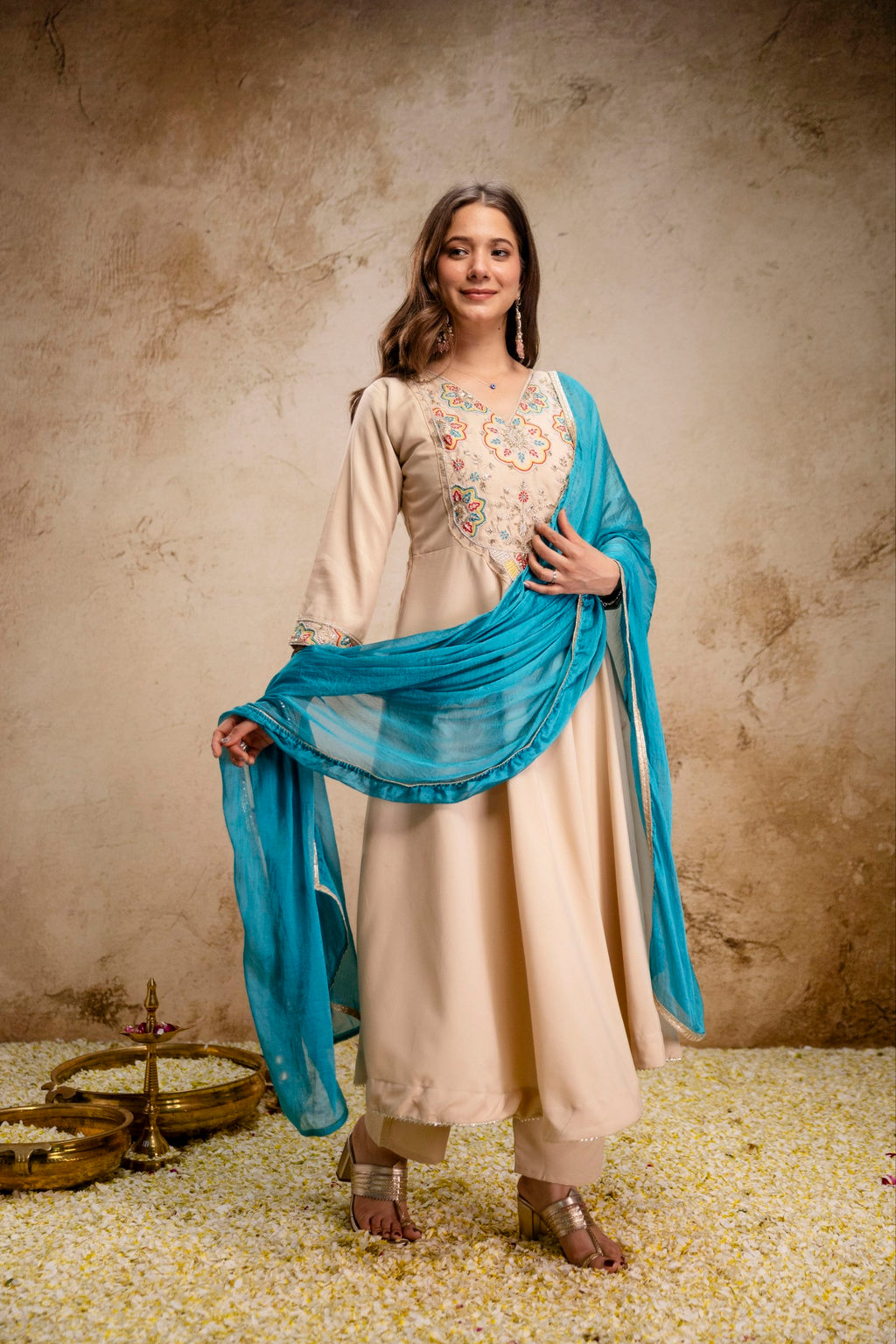 Beige Chanderi Silk Aline Embriodery Suit Set