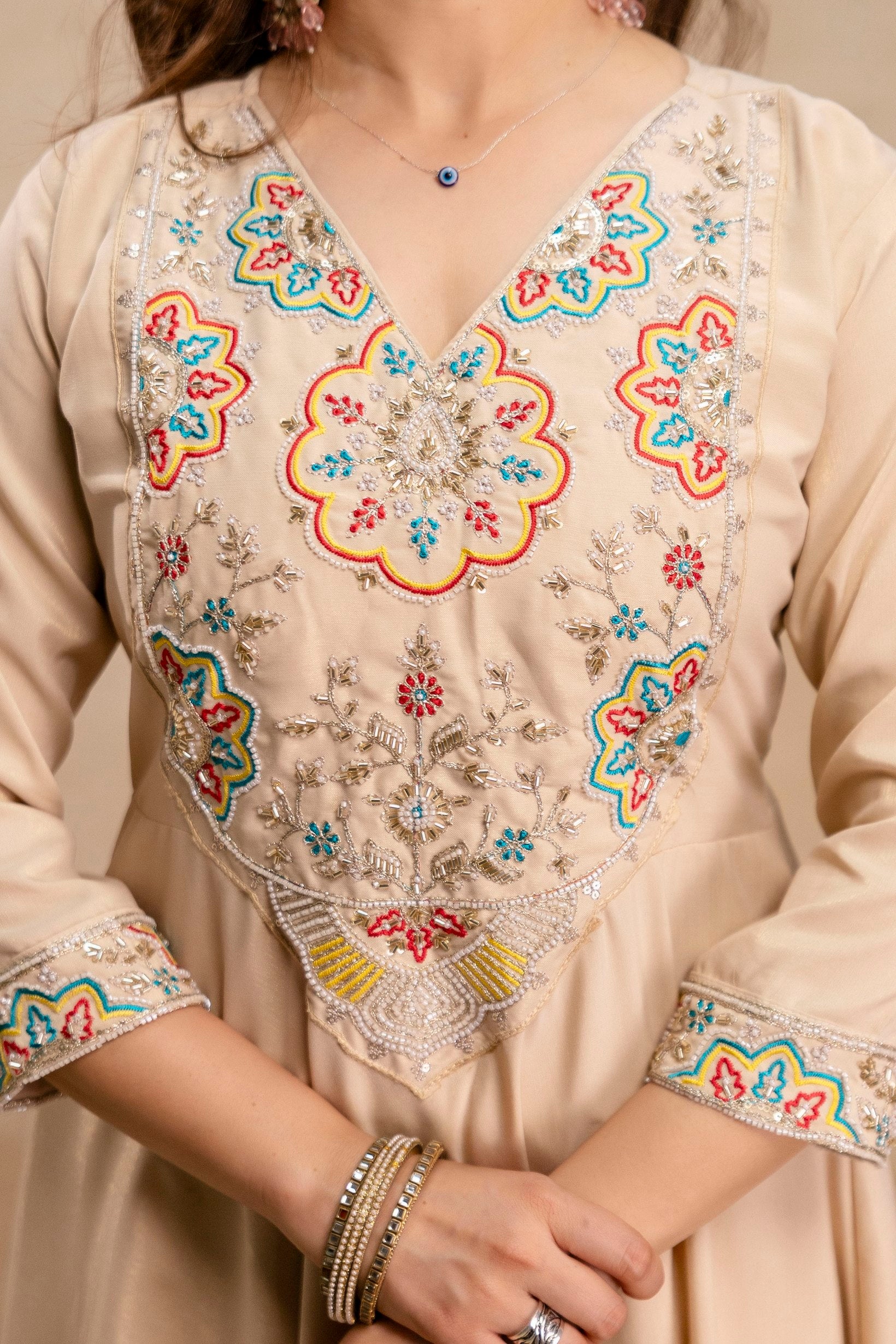 Beige Chanderi Silk Aline Embriodery Suit Set