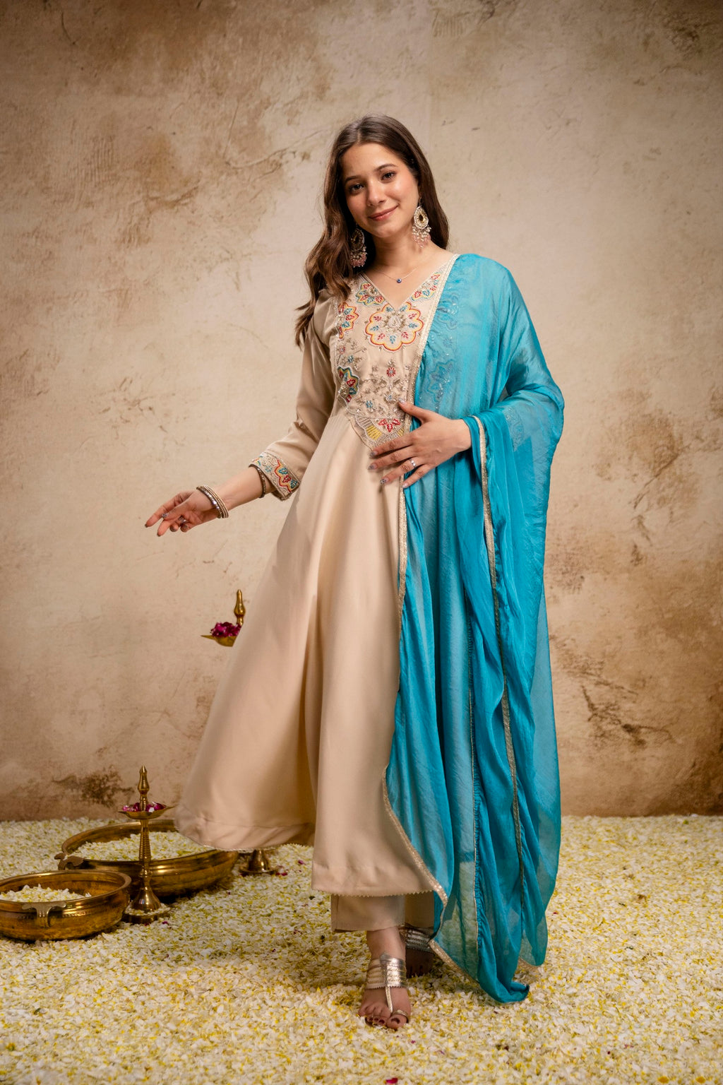 Beige Chanderi Silk Aline Embriodery Suit Set