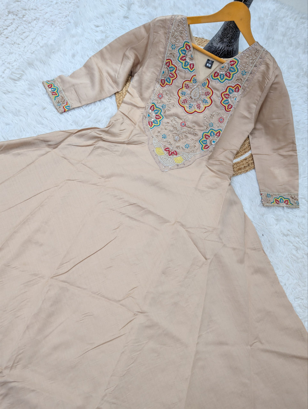 Beige Chanderi Silk Aline Embriodery Suit Set