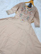 Beige Chanderi Silk Aline Embriodery Suit Set