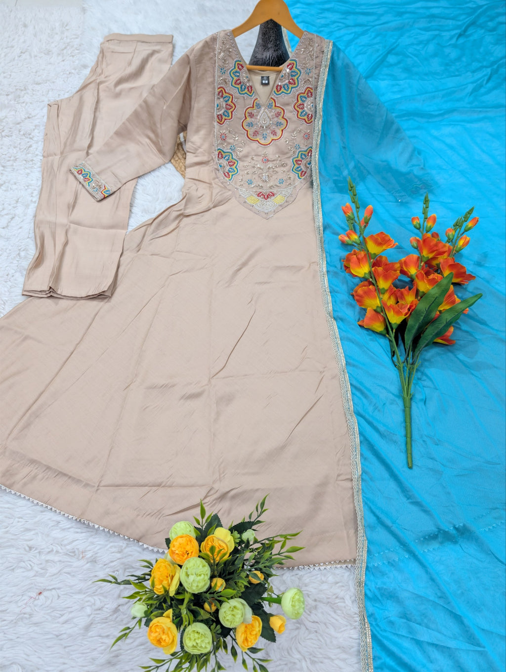 Beige Chanderi Silk Aline Embriodery Suit Set