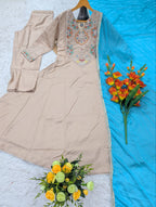 Beige Chanderi Silk Aline Embriodery Suit Set