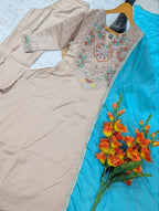 Beige Chanderi Silk Aline Embriodery Suit Set
