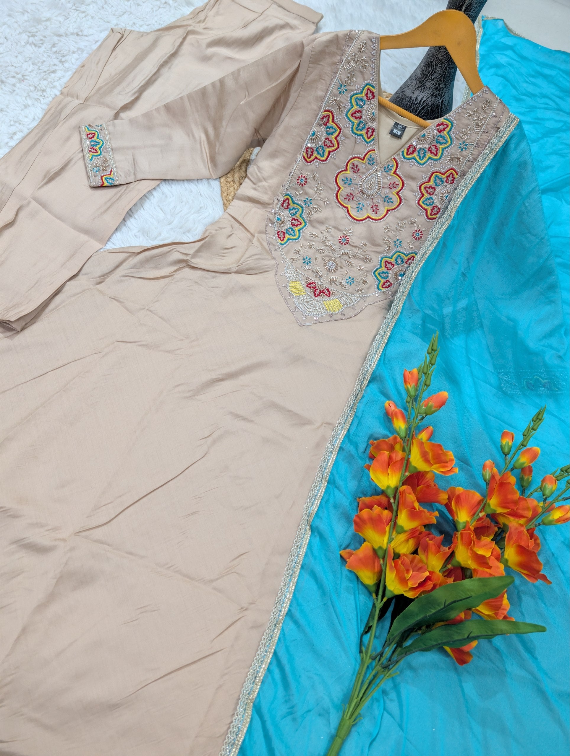 Beige Chanderi Silk Aline Embriodery Suit Set