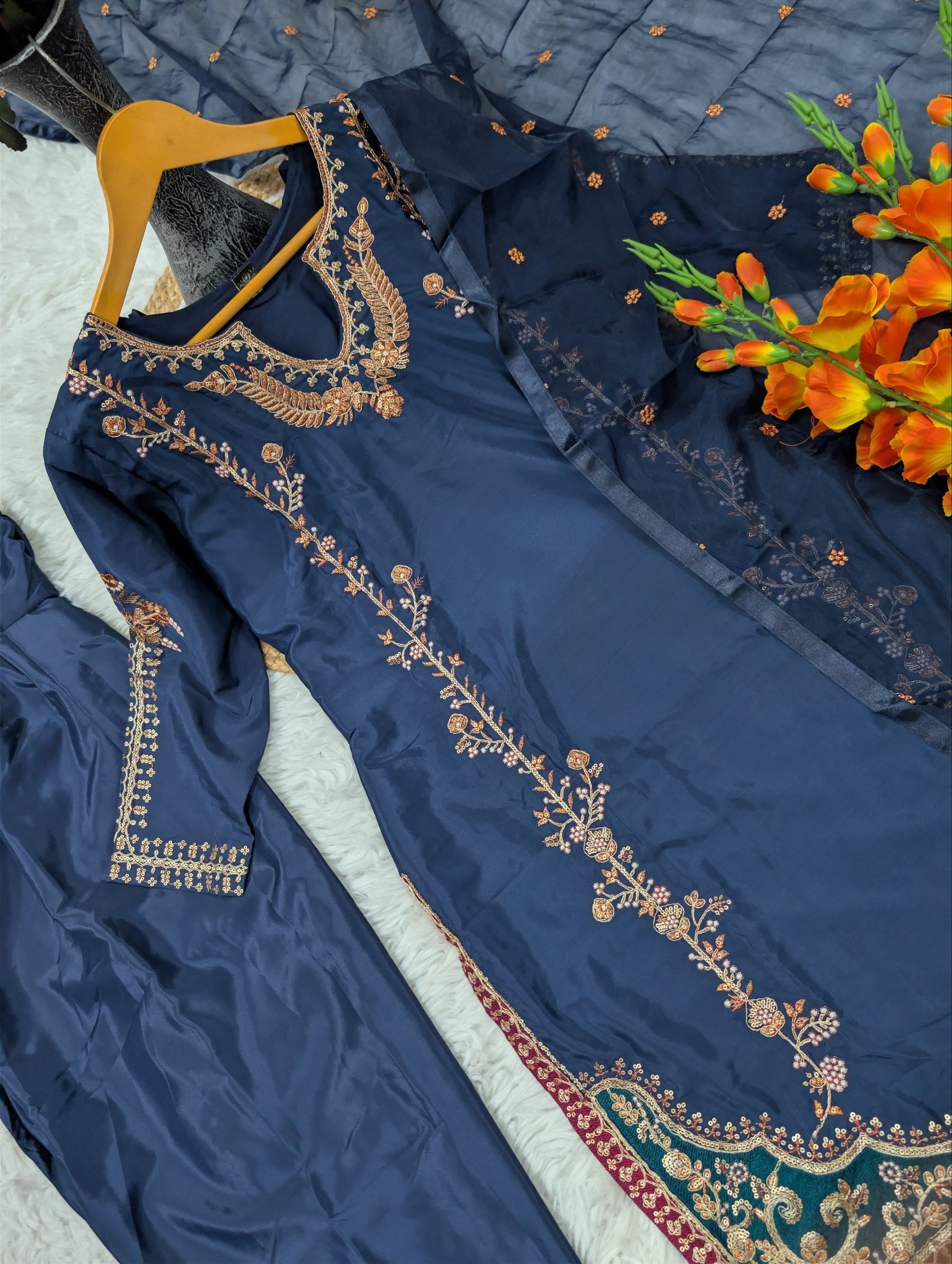 Navy Blue Crepe Embroidery Patiala Suit Set