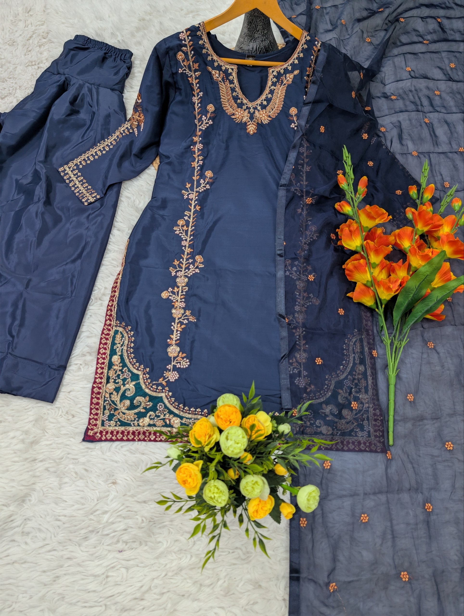 Navy Blue Crepe Embroidery Patiala Suit Set