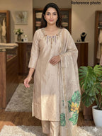 Cream Chanderi Silk Handwork Straight Suit Set