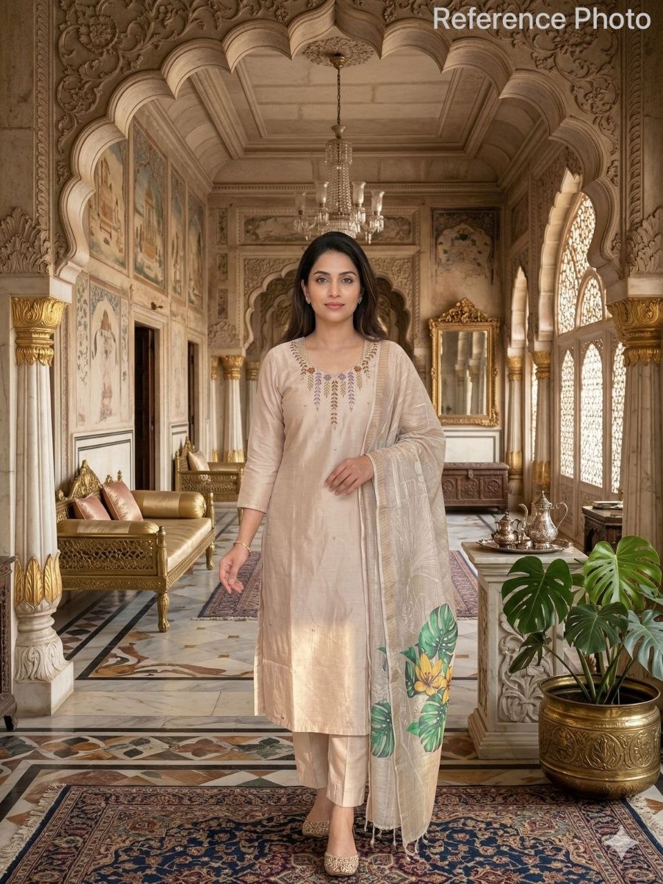 Cream Chanderi Silk Handwork Straight Suit Set