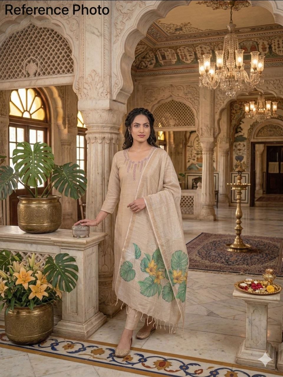 Cream Chanderi Silk Handwork Straight Suit Set