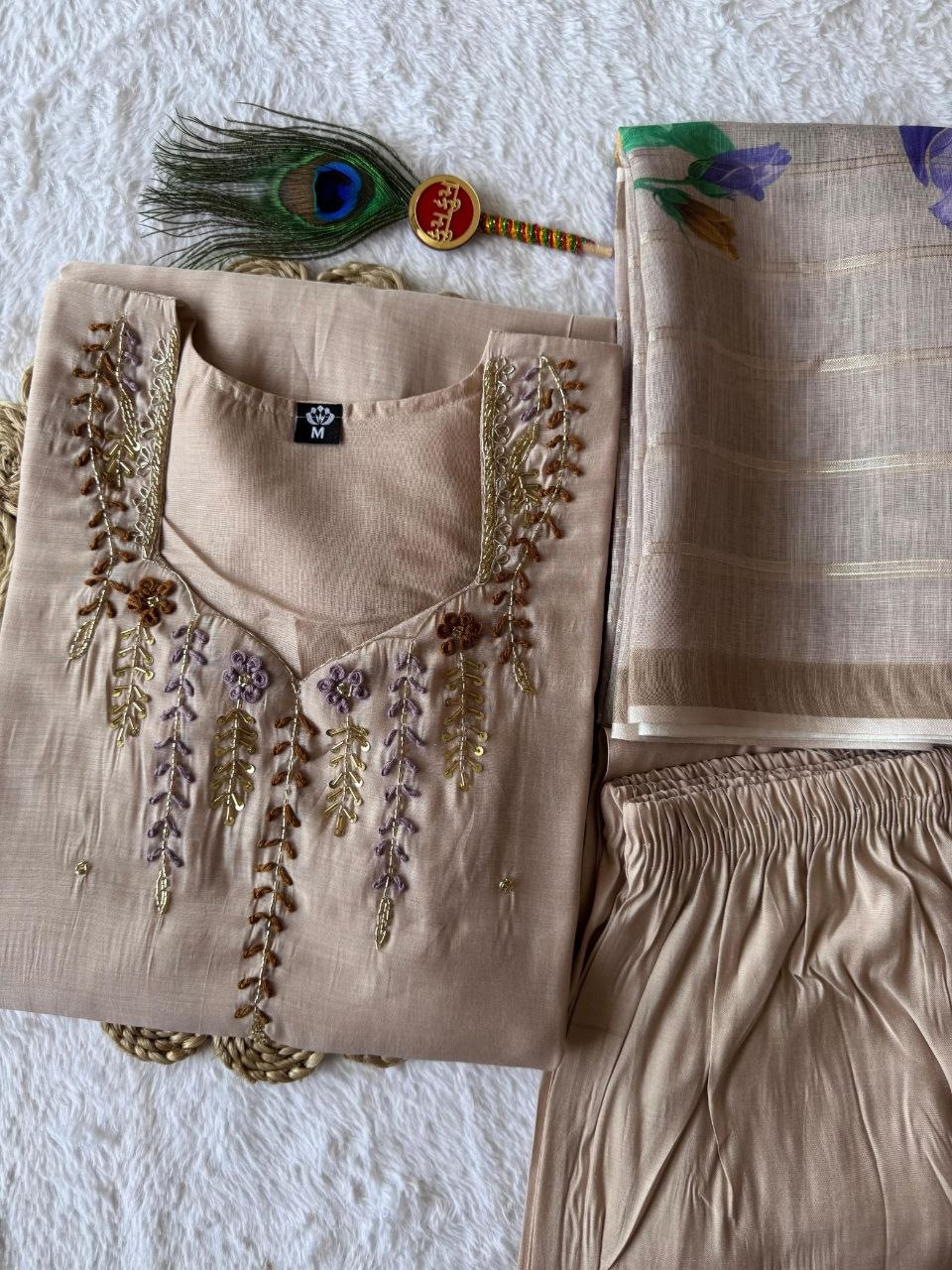 Cream Chanderi Silk Handwork Straight Suit Set