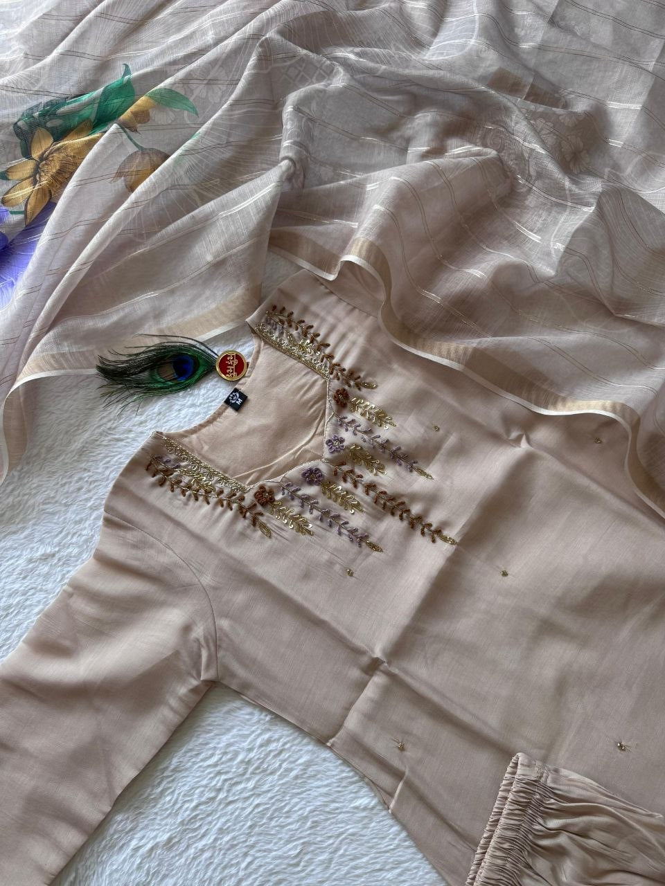 Cream Chanderi Silk Handwork Straight Suit Set