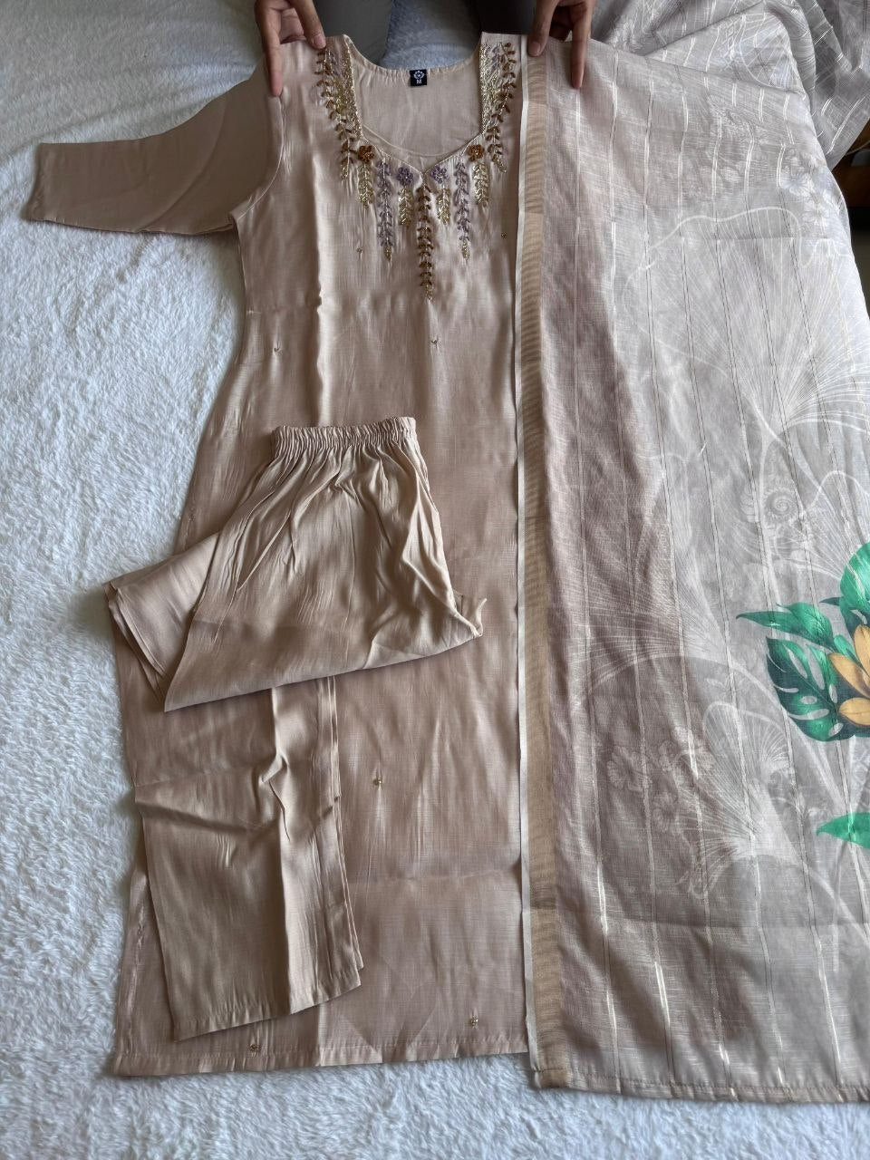 Cream Chanderi Silk Handwork Straight Suit Set