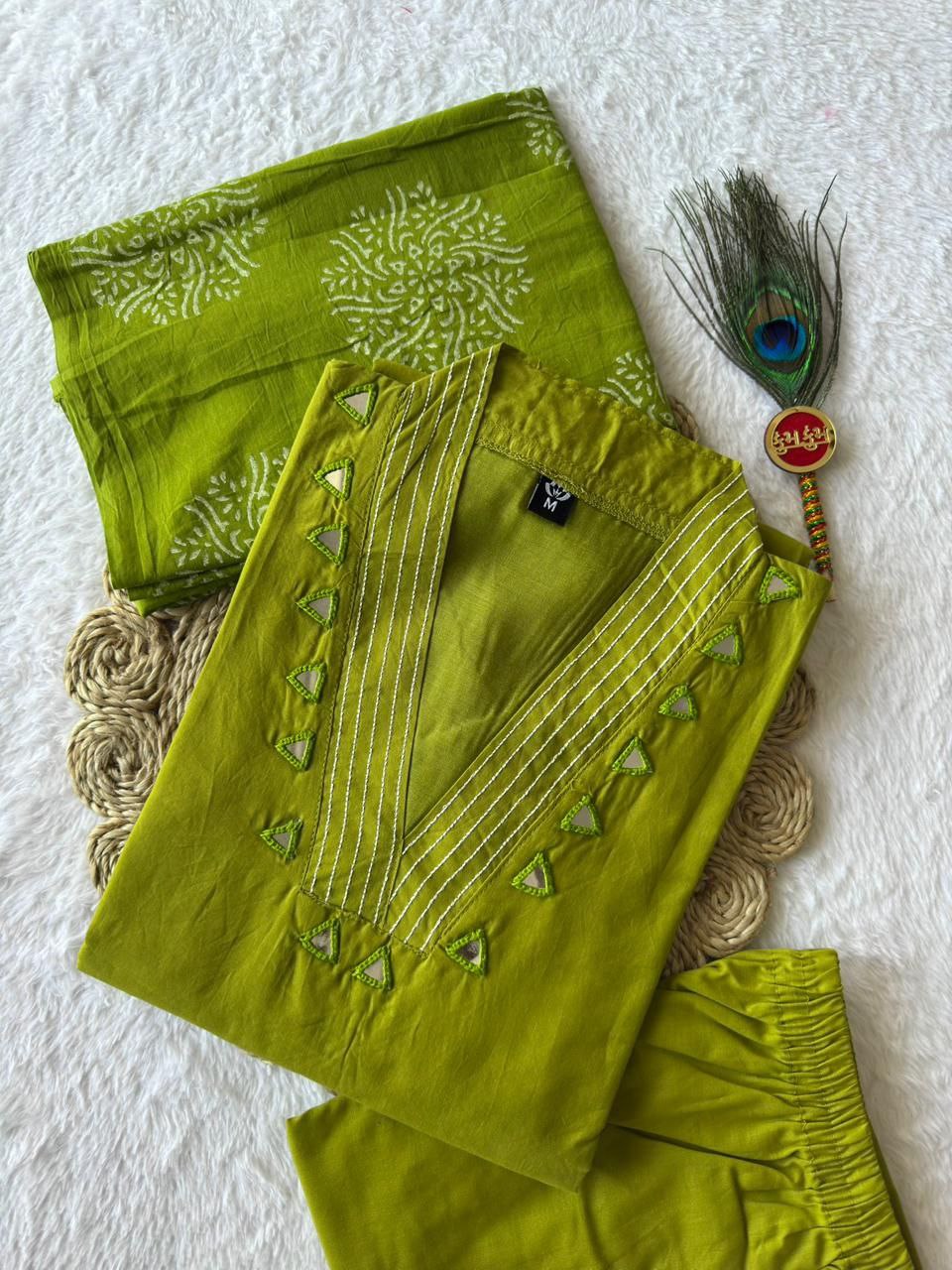 Trendy CottonAline Mirror Work Suit Set