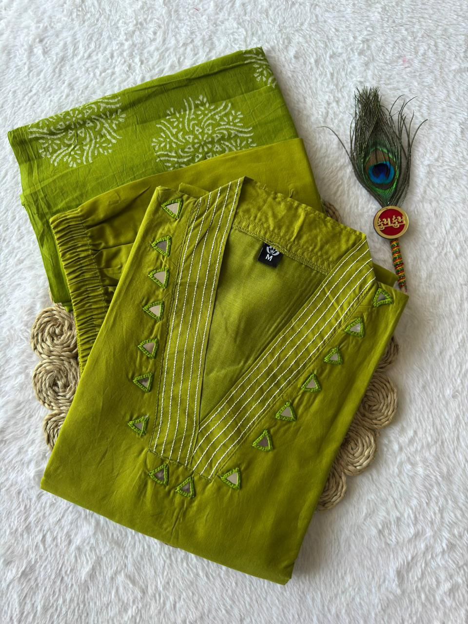 Trendy CottonAline Mirror Work Suit Set