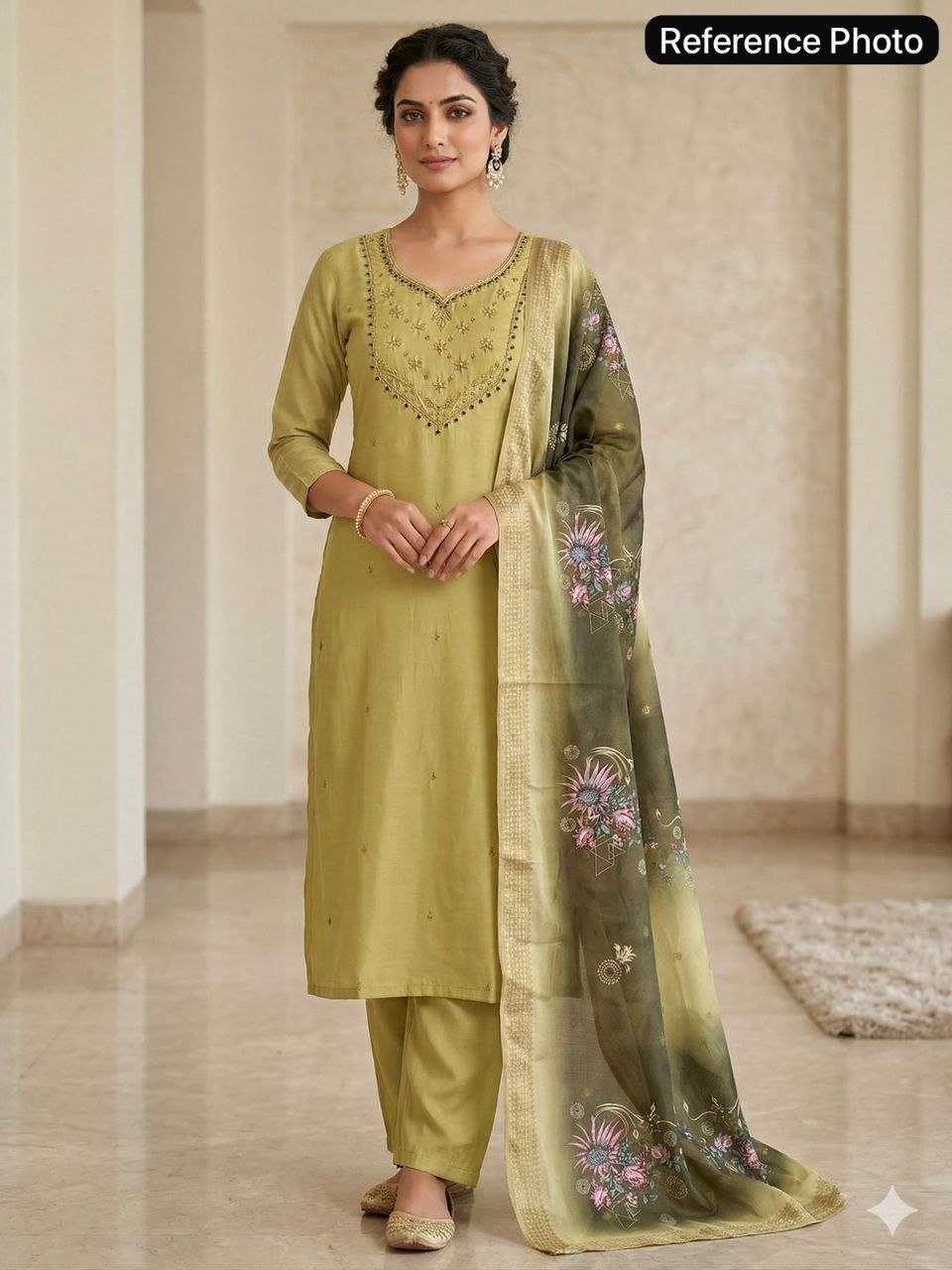 Elaichi Mul Chanderi Handwork Straight Suit Set