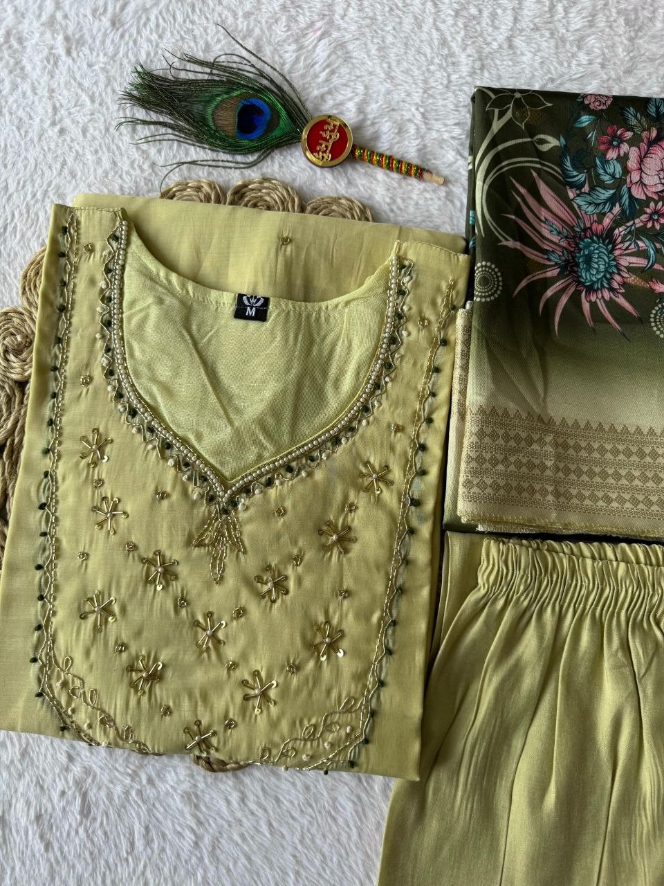 Elaichi Mul Chanderi Handwork Straight Suit Set