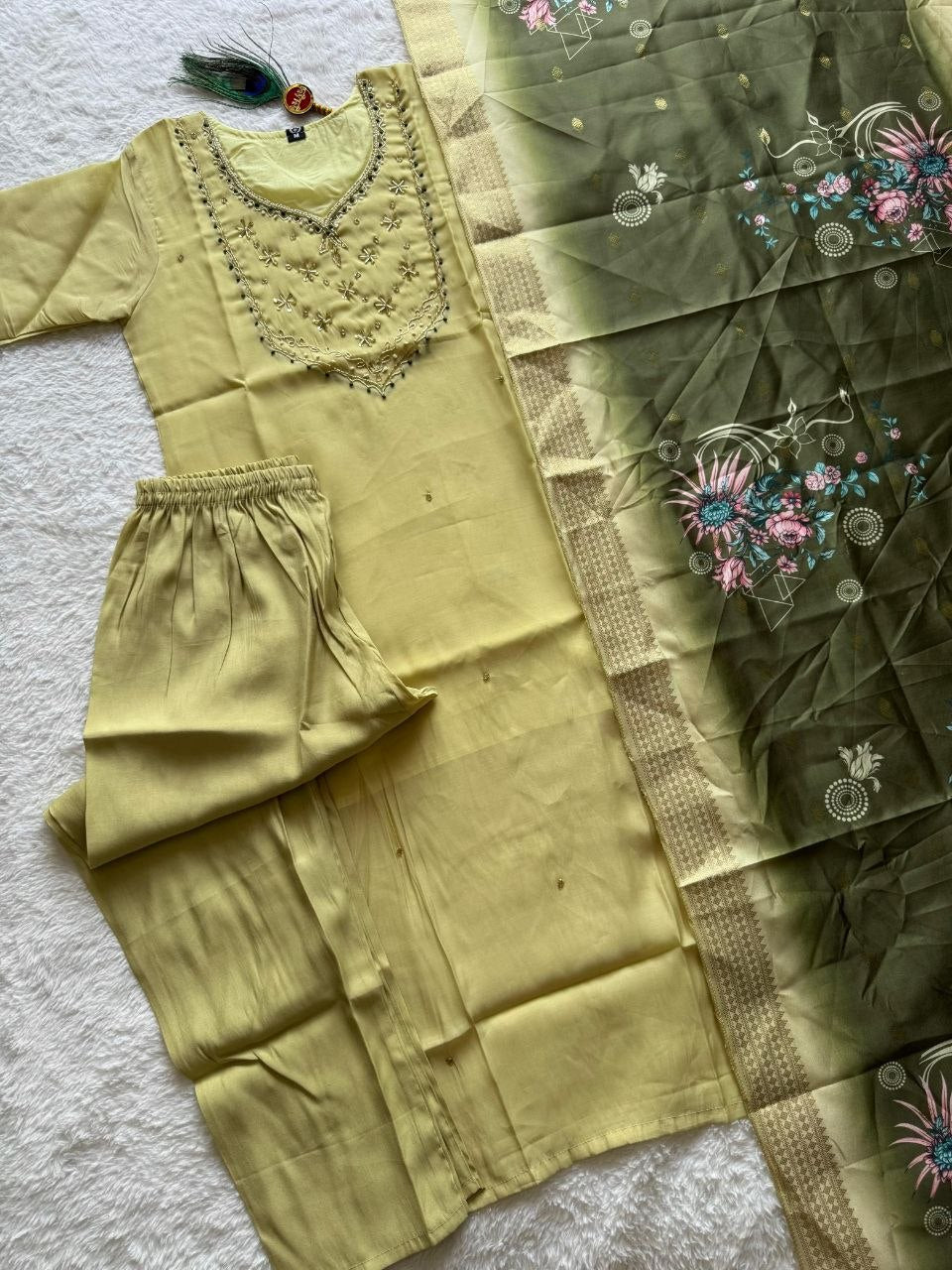 Elaichi Mul Chanderi Handwork Straight Suit Set