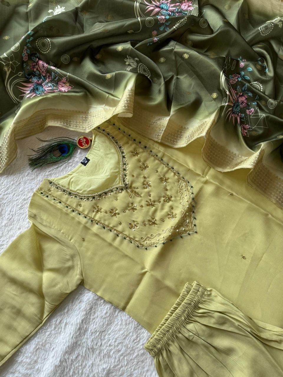Elaichi Mul Chanderi Handwork Straight Suit Set