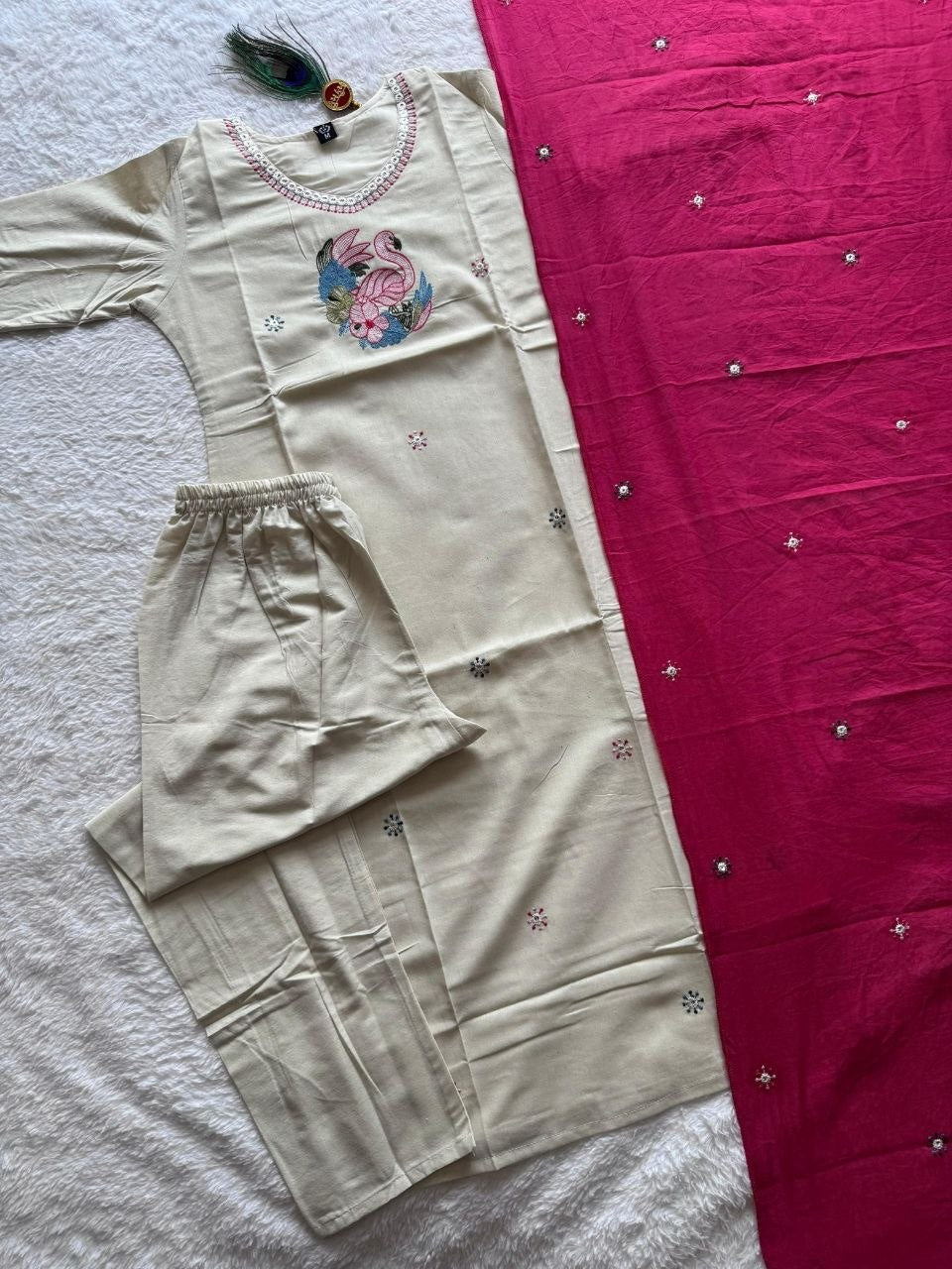 Cream Khadi Cotton Handwork Suit