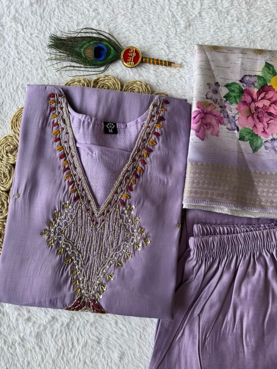 Lavender Mul Chanderi Handwork Suit