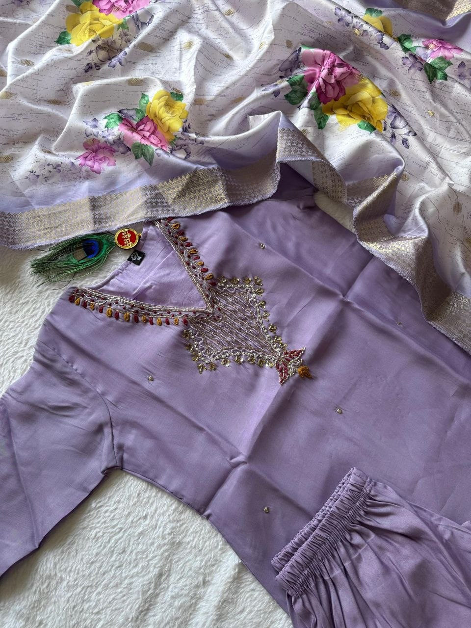 Lavender Mul Chanderi Handwork Suit
