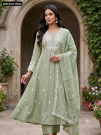 Pista Green Mul Chanderi  Embriodery Aline Suit Set